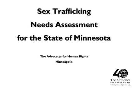 [ai] A document cover page titled "Sex Trafficking Needs Assessment for the State of Minnesota" with the organization's name "The Advocates for Human Rights" and location "Minneapolis" at the bottom. The logo is placed in the bottom right corner.